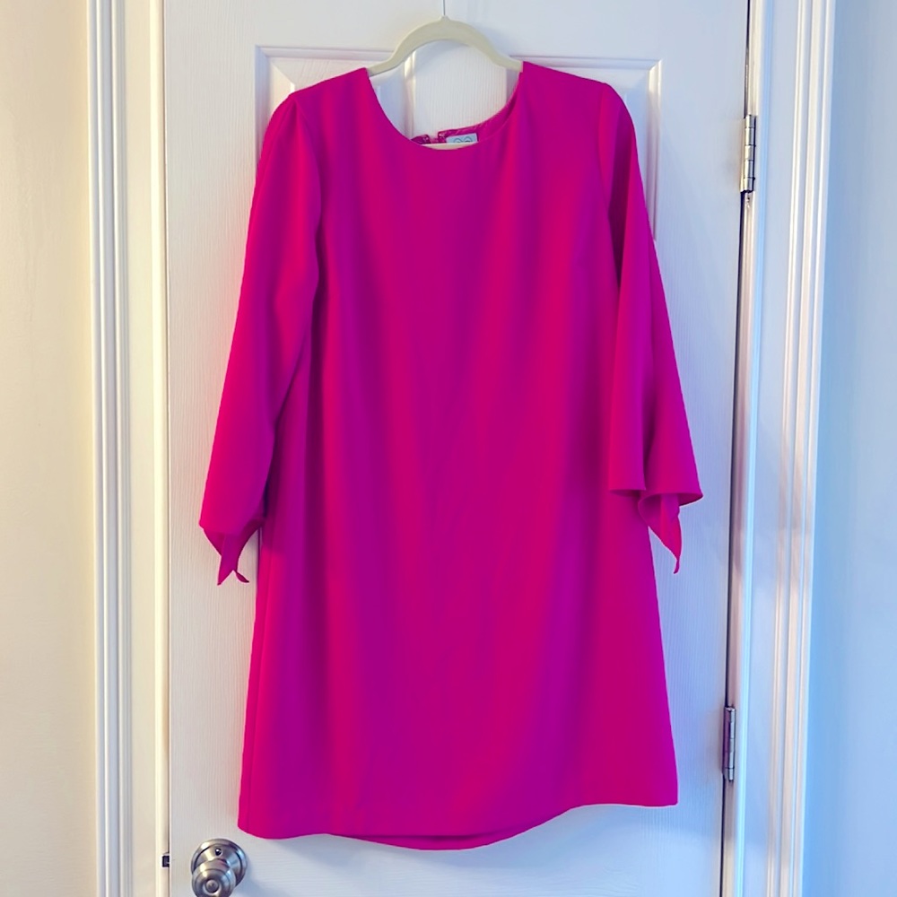 CeCe Hot Pink Round Neck 3/4 Tie Sleeve Shift Dress- Size 14